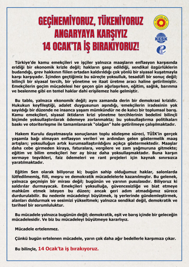 14 Ocak’ta İş Bırakıyoruz! / Bildiri